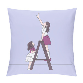Personality  A Girl Is Reaching For The Hand On The Ladder. Younger Sister Is Standing Opposite. Hand Drawn Style Vector Design Illustrations. Pillow Covers