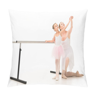 Personality  Happy Female Teacher In Tutu Helping Little Ballerina Exercising At Ballet Barre Stand Isolated On White Background  Pillow Covers