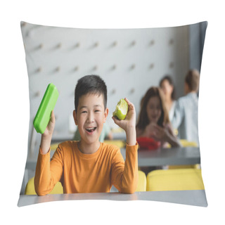 Personality  Joyful Asian Boy Holding Lunch Box And Apple In School Dining Room  Pillow Covers
