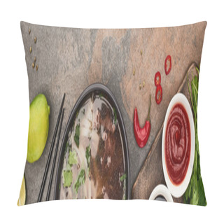 Personality  Top View Of Pho In Bowl Near Chopsticks, Lime, Chili And Soy Sauces And Coriander On Stone Background, Panoramic Shot Pillow Covers