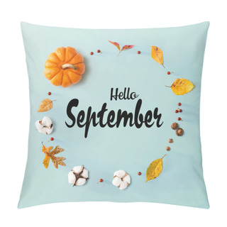 Personality  Hello September Message With Autumn Leaves And Orange Pumpkin Pillow Covers