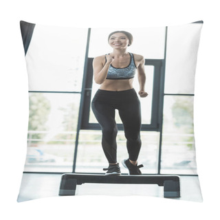 Personality  Cheerful Woman Working Out On Step Platform In Sports Center  Pillow Covers