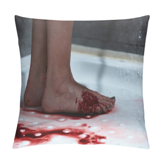 Personality  Partial View Of Barefoot Bleeding Woman In Bathroom  Pillow Covers