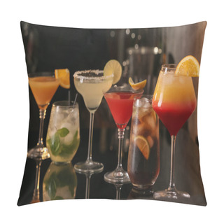 Personality  Different Delicious Cocktails On Black Table In Bar Pillow Covers