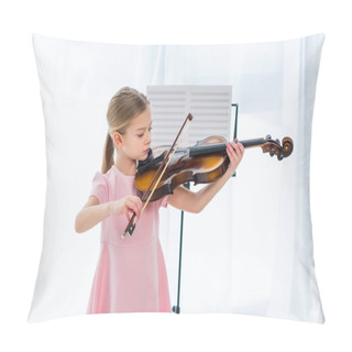 Personality  Cute Little Child In Pink Dress Playing Violin At Home Pillow Covers