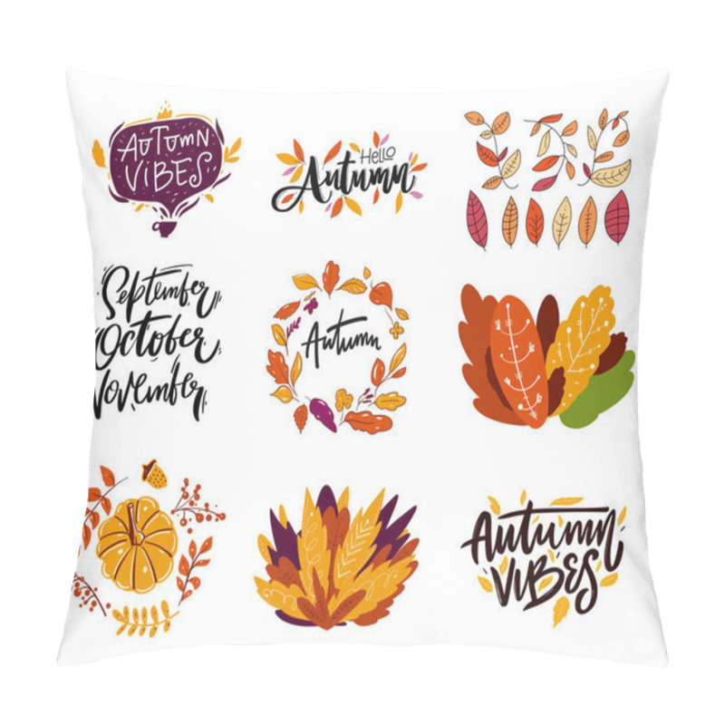 Personality  Hello Autumn. September, October, November. Hand drawn lettering phrase. Vector set with Leaves. Modern brush calligraphy. Vector illustration. Isolated on white background. pillow covers
