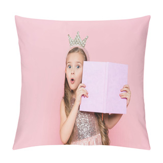 Personality  Surprised Little Girl In Crown Holding Book Isolated On Pink Pillow Covers