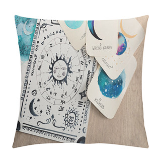 Personality  Top View Of Birth Chart And Cards With Zodiac Signs On Wooden Table Pillow Covers