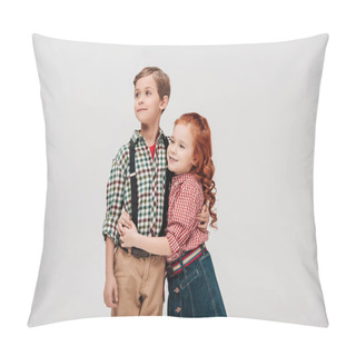 Personality  Cute Little Children Embracing And Looking Away Isolated On Grey Pillow Covers