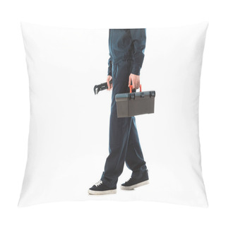 Personality  Cropped View Of Plumber In Overalls Holding Toolbox And Adjustable Wrench Isolated On White Pillow Covers