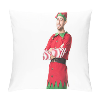 Personality  Man In Christmas Elf Costume With Arms Crossed Looking At Camera Isolated On White Pillow Covers