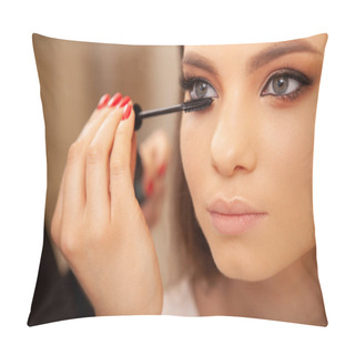 Personality  Cropped Close Up Of Professional Makeup Artist Applying Mascara On The Lashes Of A Female Client Pillow Covers