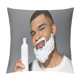Personality  Handsome Man With Beard Holds Shaving Bottle. Pillow Covers