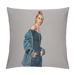 Personality  Attractive Woman In Denim Jacket And Jeans Looking At Camera Isolated On Grey Pillow Covers