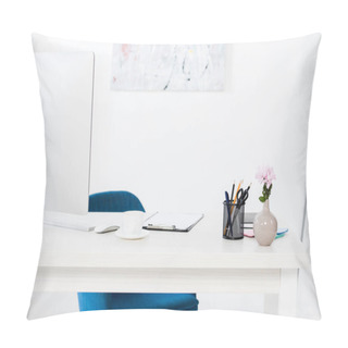 Personality Computer And Office Supplies On Table In Business Office Pillow Covers