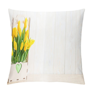 Personality  Yellow Tulips In A Wooden Pot With Copy Space For Text On A Wood Pillow Covers