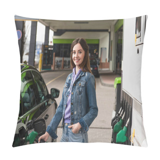Personality  Pretty Woman With Hand In Pocket Of Jeans Refilling Car On Gasoline Station Pillow Covers