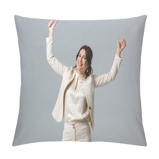 Personality  Positive Businesswoman Showing Thumbs Up Isolated On Grey, Concept Of Body Positive  Pillow Covers