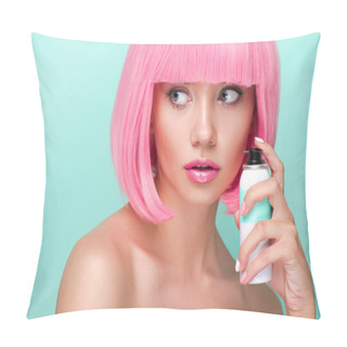 Personality  Attractive Young Woman With Pink Bob Cut Holding Coloring Hair Spray Isolated On Turquoise Pillow Covers