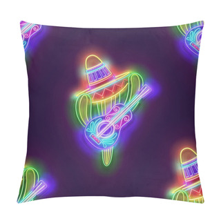 Personality  Seamless Pattern With Glow Mexican Cactus In Sombrero With Guitar. Cute Singer, Mariachi. Neon Light Texture, Signboard. Glossy Background. Vector 3d Illustration  Pillow Covers