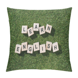 Personality  Top View Of Learn English Inscription Made Of Wooden Blocks On Green Grass Pillow Covers