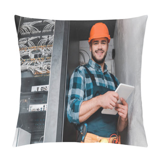 Personality  Happy Bearded Technician In Safety Helmet Holding Digital Tablet  Pillow Covers