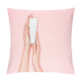 Personality  Top View Of Female Hands With Hand Cream Isolated On Pink Pillow Covers