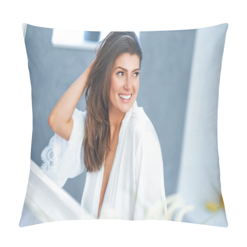 Personality  Young nice brunette woman in the bathroom pillow covers