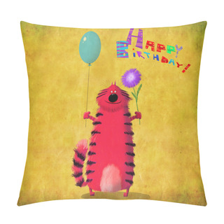 Personality  Birthday Card Cat Holding Balloon And Flower Pillow Covers