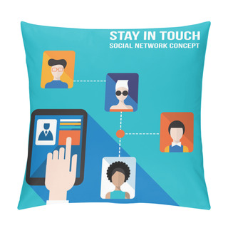 Personality  Businessman Hand Touching The Tablet Screen With Web Icons Stay In Touch Social Network And E-commerce Successful Business Concept Pillow Covers