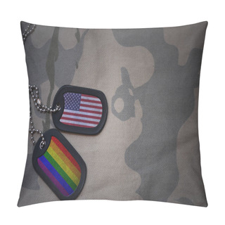 Personality  Army Blank, Dog Tag With Flag Of United States Of America And Gay Rainbow Flag On The Khaki Texture Background. Military Concept Pillow Covers