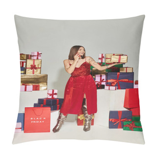 Personality  Cheerful Lady Surrounded By Presents Talking By The Phone On Ecru Backdrop, Black Friday Concept Pillow Covers