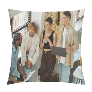 Personality  Happy Business People Looking At African American Colleague With Graphs, Idea, Startup, Discussion Pillow Covers