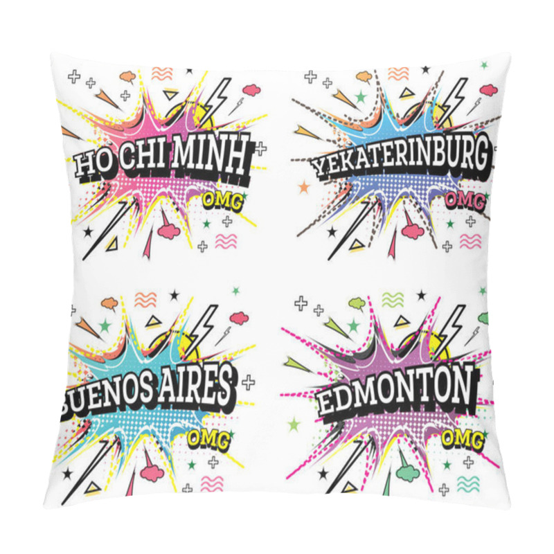 Personality  Buenos Aires, Yekaterinburg, Edmonton and Ho Chi Minh Comic Text Set in Pop Art Style Isolated on White Background. pillow covers