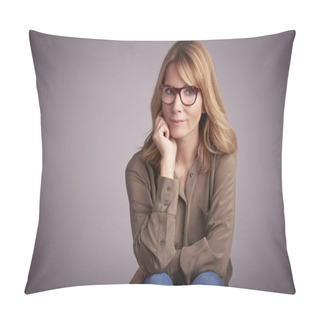Personality  Studio Portrait Of Confident Middle Aged Woman Sitting In Front Of Light Grey Background, While Looking At Camera And Smiling.  Pillow Covers
