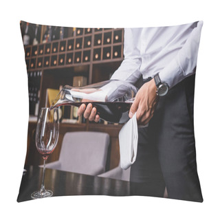 Personality  Cropped View Of Sommelier Pouring Red Wine From Decanter In Glass  Pillow Covers