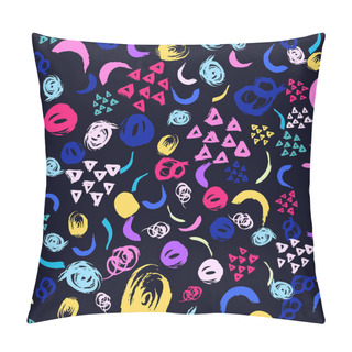 Personality  Vector Colorful Seamless Pattern With Brush Strokes And Circles. Pink Blue Yellow Green Color On Black Background. Hand Painted Grange Texture Ink Round Elements. Fashion Modern Style. Fantasy Chaotic Pillow Covers