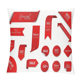 Personality  Set Of Red Sale Label With Discount Offer. Promotion Label Design Pillow Covers