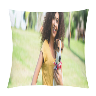 Personality  Horizontal Crop Of Joyful, Curly Woman Looking At Camera While Holding Jack Russell Terrier Dog Pillow Covers
