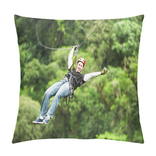 Personality  Adult Man On Zip Line Against Blurred Forest Pillow Covers