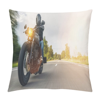 Personality  Motorbike On The Forest Road Riding. Having Fun Driving The Empty Road On A Motorcycle Tour Journey. Copyspace For Your Individual Text.  Pillow Covers