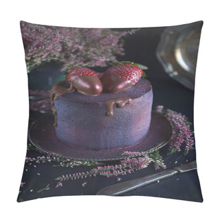 Personality  Cake With Berries, Covered With Blue-violet Glaze And Chocolate With Flowers, Cosmic Cake, Hand Made Pastry, Dark Background, Selective Focus Pillow Covers
