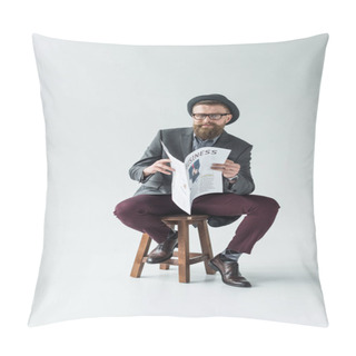 Personality  Businessman With Vintage Mustache And Beard Reading Business Newspaper While Sitting On Stool Pillow Covers