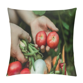 Personality  Woman Gathering Ripe Vegetables In The Garden. Pillow Covers
