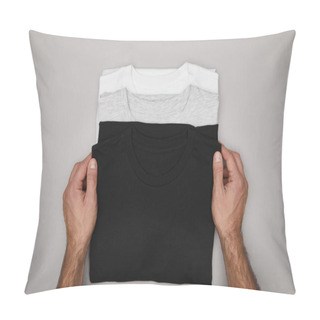 Personality  Cropped View Of Man Touching Blank Basic Black, White And Grey T-shirts Isolated On Grey Pillow Covers