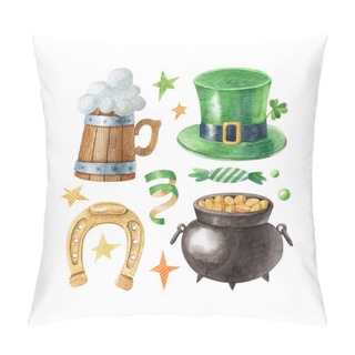 Personality  Watercolor Set With Wooden Beer Mug, Horseshoe, Leprechaun Pot, Green Hat, Candy And Confetti. Happy Saint Patrick's Day Traditional Elements. Hand Drawn Clipart Isolated On White Background. Pillow Covers