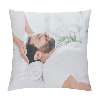 Personality  Cropped Shot Of Man With Closed Eyes Receiving Reiki Treatment Pillow Covers