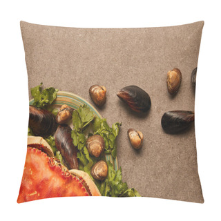 Personality  Top View Of Raw Crab And Greenery On Plate Near Scattered Cockles And Mussels On Textured Surface  Pillow Covers