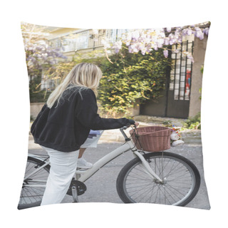 Personality  Back View Of Blonde Woman In Trendy Outfit Standing Near Bicycle On Street In Turkey Pillow Covers