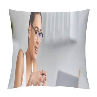 Personality  Happy African American Woman In Glasses Working From Home Remotely On Her Laptop, Video Call Banner Pillow Covers